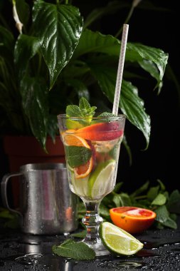 siyah arka plan üzerine buzlu votka ile cam