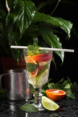 siyah arka plan üzerine buzlu votka ile cam