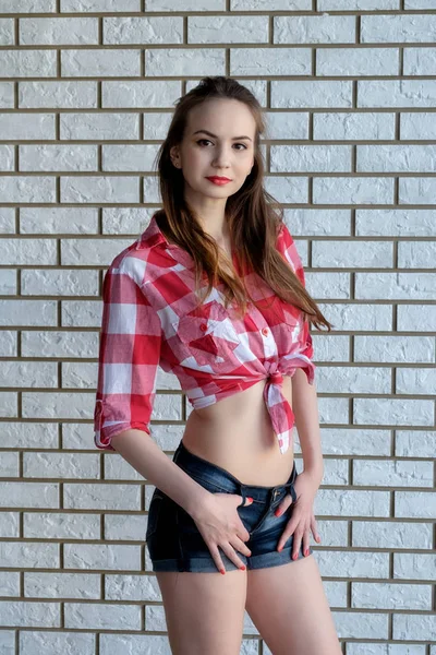Schönes Mädchen posiert auf einem Backsteinhintergrund — Stockfoto