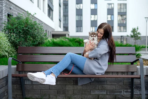 Tahta bankta oturan güzel genç kadın ve onun sevimli husky yavrusu ile keyfini çıkarın