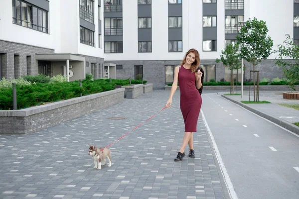Улица на открытом воздухе красивой и модной брюнетки женщина с ее хаски щенок — стоковое фото