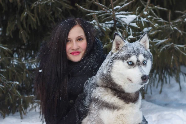 W zimowy dzień z bliska kobieta szczęśliwy właściciel i pies husky — Zdjęcie stockowe