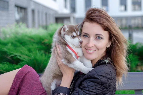Молодые женщины держат на руках своего лучшего друга маленького щенка хаски. любовь к собакам — стоковое фото