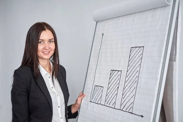 Smiling woman in black jacket writing on large paper chart with marker in office and presents the diagram
