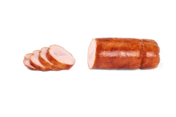 Presunto de frango, e fatias de carne de frango saboroso, isolado no fundo branco — Fotografia de Stock