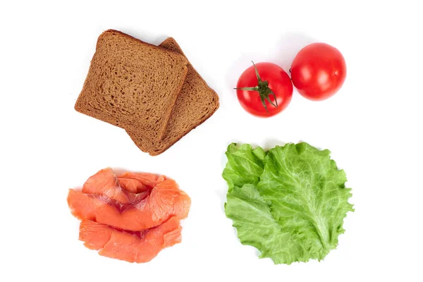 Ingredients for making sandwich. Salmon, fresh vegetables, tomatoes, bread,. Isolated on white background, — Stockfoto