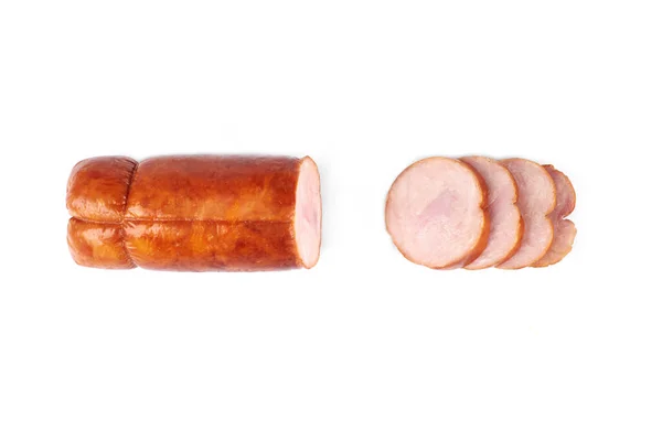 Presunto de frango, e fatias de carne de frango saboroso, isolado no fundo branco — Fotografia de Stock