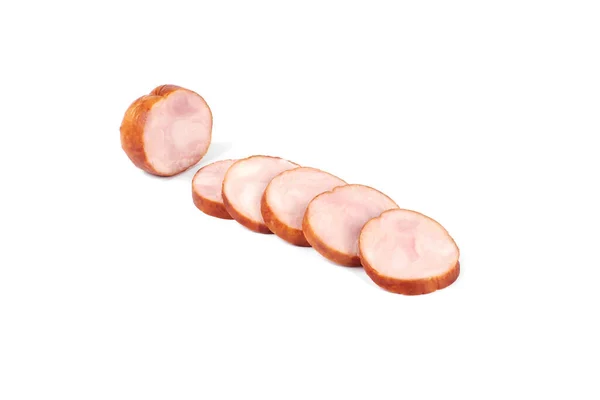 Slices of tasty chicken ham , isolated on white background — Stock Photo, Image