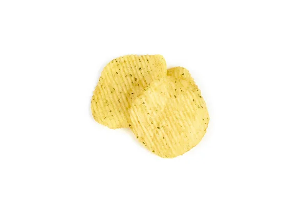 Yellow crispy ridged potato chips on white background — Stock Photo, Image
