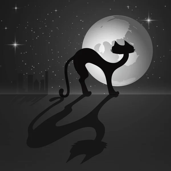 Ilustración gato negro en el fondo de la luna grande . — Vector de stock