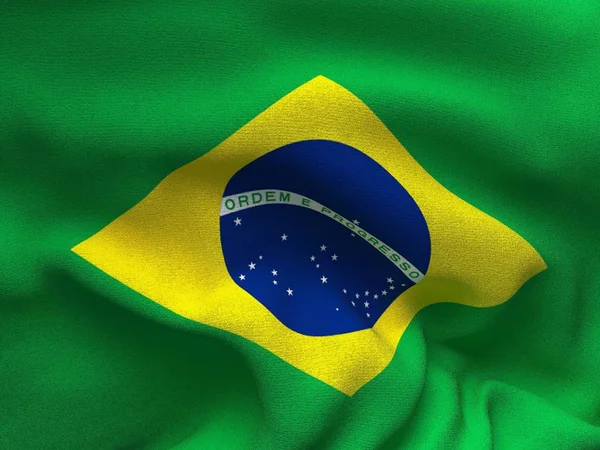 Textura de un tejido con la imagen de la bandera de Brasil, ondeando en el viento . — Foto de Stock