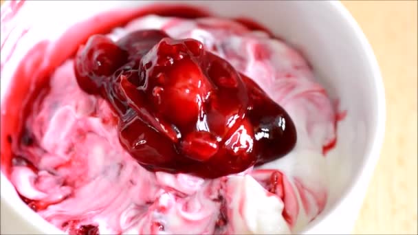 Plain Yogurt with red fruit — Stock Video