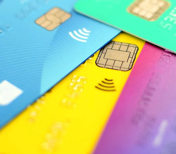 Primer Plano Recogida Tarjetas Crédito Multicolores — Foto de Stock