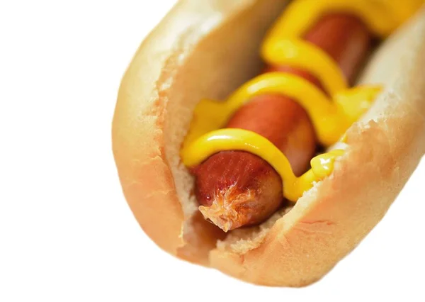 Hot Dog Mustard Plain Soft Bun Isolated White Background — Stock Photo, Image