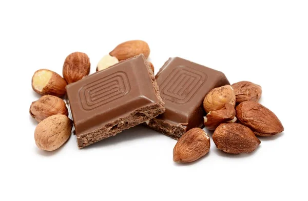 Two Squares Hazelnut Milk Chocolate Bar Whole Hazelnuts White Background — Stock Photo, Image