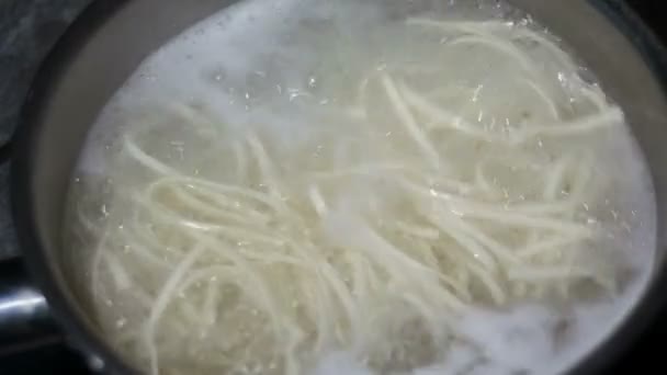 Padella con tagliatelle udon bollenti — Video Stock