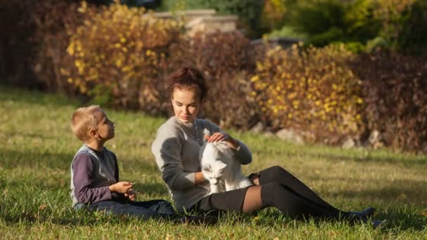 Joven dama y niño con Maine Coon gato — Vídeo de stock