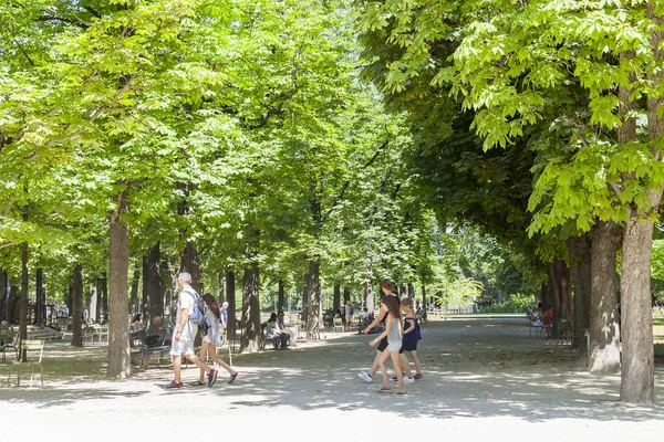 Paris, Frankreich, am 9. Juli 2016. Eine malerische Ecke in der Nähe eines Teiches im luxemburgischen Garten, der beliebteste Urlaubsort von Bürgern und Touristen — Stockfoto