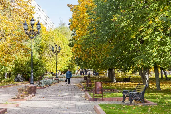 PUSHKINO, RUSSIE, le 1er octobre 2016. Beau paysage urbain. Arbres d'automne dans le boulevard — Photo
