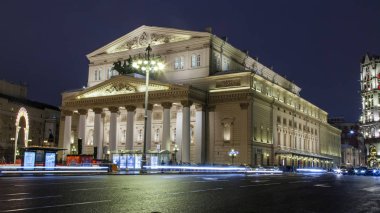  Moskova, Rusya, 17 Aralık 2016. Bolşoy aydınlatma akşam tiyatro - bir şehrin ana sights bina
