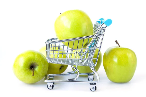 Tasty fresh green apples in the store cart — Stock Photo, Image