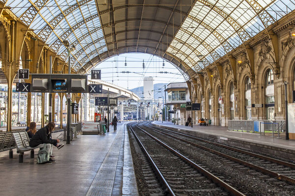 NICE, FRANCE, on JANUARY 6, 2017. The sun lights the platform of the railway station