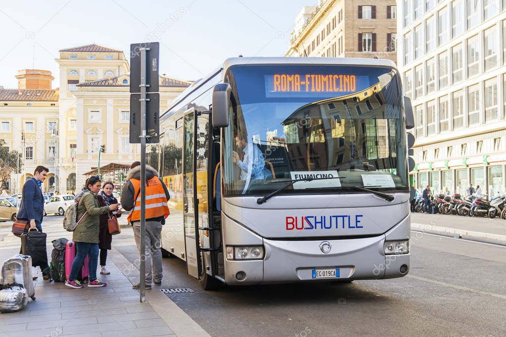 ROME, ITALY, on March 5, 2017. People come into the bus the shuttle