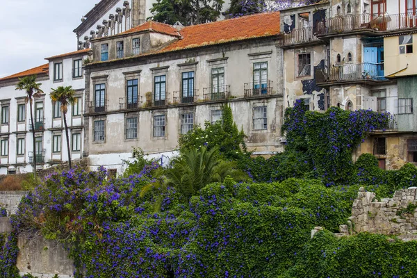 PORTO, PORTUGAL, em 17 de junho de 2017. O sol ilumina fachadas de casas autênticas velhas pitorescas em uma parte histórica da cidade na margem alta do rio de Duero — Fotografia de Stock
