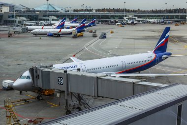 Moskova, Rusya, üzerinde 26 Ekim 2017. Ön kontrol hizmetinde Sheremetyevo Uluslararası Havaalanı Uçak geçmesi