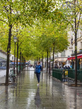 Paris, Fransa, 28 Ekim 2017. Sonra bir yağmur ıslak avenue boyunca ağaçlar arasında kadın gider