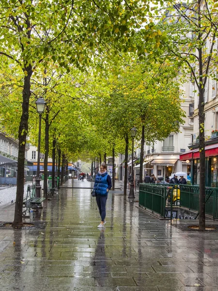 フランス 2017 女性が木の中でウェット通りに沿って雨の後行く — ストック写真