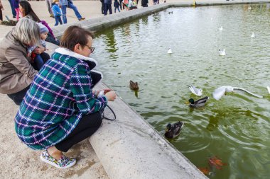 Paris, Fransa, üzerinde 30 Ekim 2017. Sonbahar şehir manzarası. Çekici genç kadın Lüksemburg Bahçesi Gölde ördekler beslemeleri