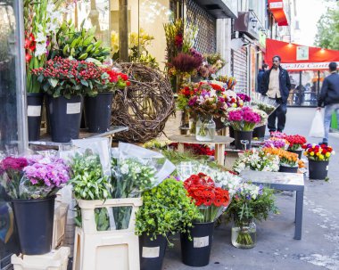 Paris, Fransa, üzerinde 30 Ekim 2017. Çeşitli buketleri sokak gösterisi penceresinde çiçek Shop alıcılar katılımı için maruz kalmaktadır