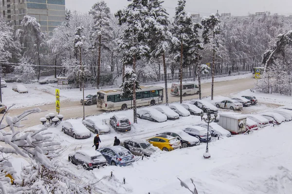 Pushkino Federacja Rosyjska Lutego 2018 Maszyny Przetoczyły Się Przez Śnieg — Zdjęcie stockowe