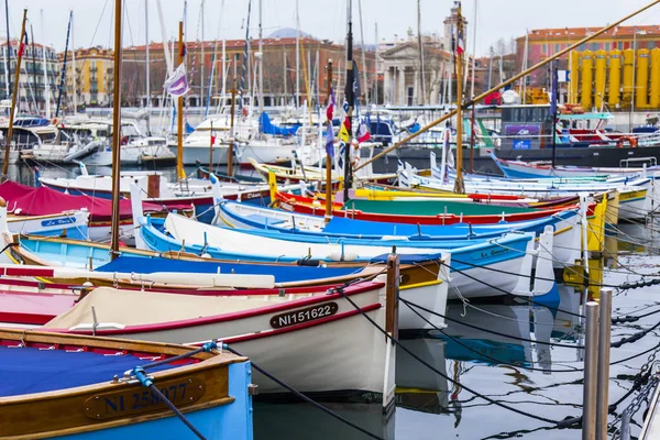 Nice Frankreich März 2018 Verschiedene Bunte Boote Liegen Hafen Des — Stockfoto
