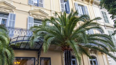 Güzel, Fransa, 6 Mart 2018. Şehrin bir cephe geleneksel mimarisinin binanın arka planı sokak üzerinde bir güzel palmiye ağacı