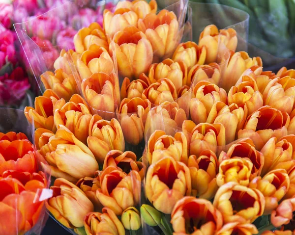Schöne Sträuße Aus Verschiedenen Tulpen Werden Der Straße Blumenladen Präsentiert — Stockfoto