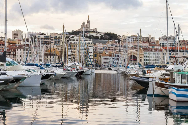 Marseille Francie Března 2018 Západ Slunce Svítí Četné Jachty Lodě — Stock fotografie