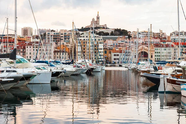 Marseille France March 2018 Sunset Sun Lights Numerous Yachts Boats — Stock Photo, Image