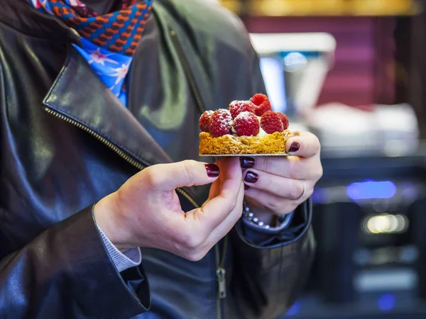 Woman Holds Tasty Fresh Berries Cake Hand — Stock Photo, Image