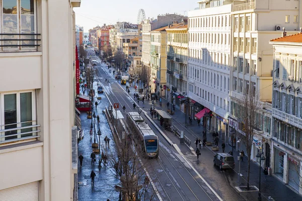 Nice France Mars 2018 Les Piétons Les Tramways Déplacent Sur — Photo