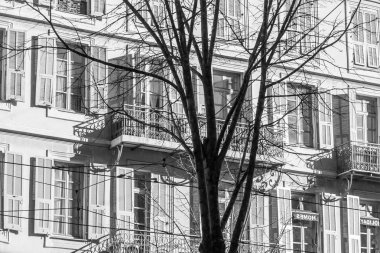 Güzel, Fransa, 7 Mart 2018. Bina cephe Provencal tarzı ve pitoresk bir ağaç büyük bir pencerede yansıtılır