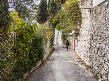 Villefranche-sur-Mer, Fransa, 6 Mart 2018. Tropik bitkiler arasında bir dağ yamacında denizin pitoresk yol