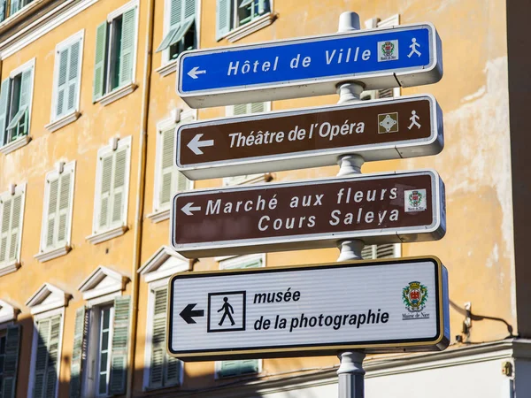 Nice France March 2018 Tables Names City Sights Show Direction — Stock Photo, Image