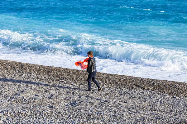 Picturesque Line Surf Mediterranean Woman Red Scarf Walks Coast — Stock Photo, Image