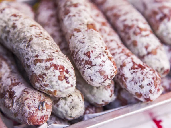 Tasty Farmer Sausage Laid Out Counter Shop — Stock Photo, Image