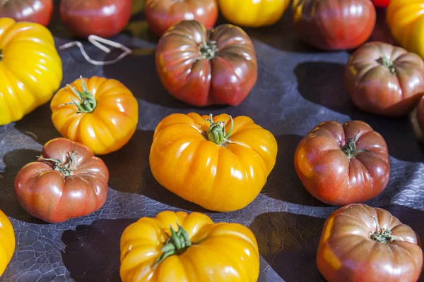 Los Tomates Frescos Exponen Una Vitrina Del Mercado — Foto de Stock