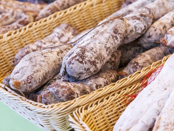 Tasty Farmer Sausage Laid Out Counter Shop — Stock Photo, Image