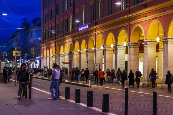 Nice France March 2018 People Walk Massena Square Lit Evening — Stock Photo, Image