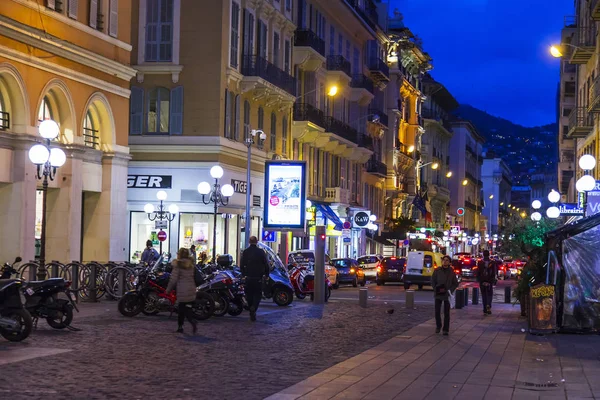 Nice France March 2018 People Walk Street Lit Evening Illumination — Stock Photo, Image